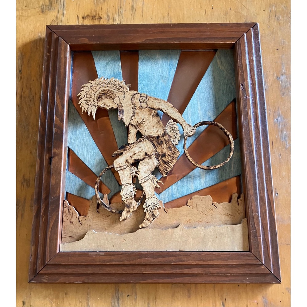 Handmade 3D Hoop Dancer Wall Art Brown Copper Burned Wood Very Rare